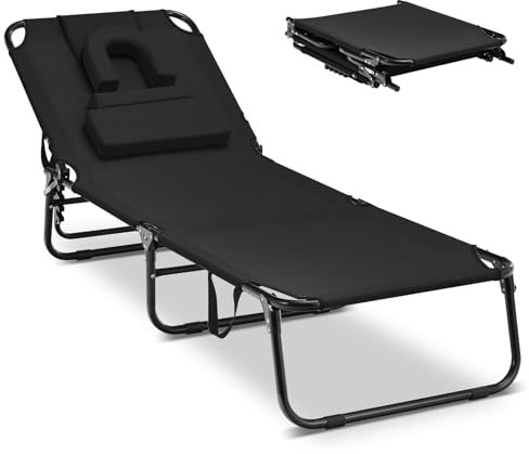 KOMFOTTEU Faltbare Sonnenliege mit 3 abnehmbaren Kopfstützen & Loch, Strandliege mit 5-Fach Verstellbarer Rückenlehne, Liegestuhl Gartenliege tragbar für Strand, Terrasse (Schwarz)