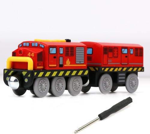 EVERGD Locomotive Battery Powered Traction Toy Train Set with Sound and Lighting Magnetic motorized toy train Set Wooden Railway Set Add on Accessories (Red)