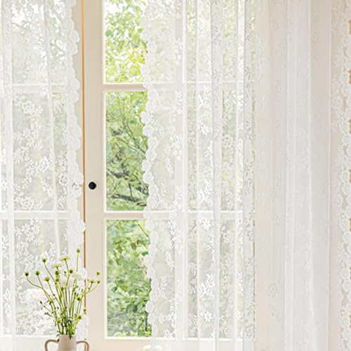 TOATELU Weiße Spitze Vorhang 2er Set, B150 x H200 cm Blumen Stickerei Voile Vorhang mit Stangendurchzug, Dekorative Gardinen Bestickt für Wohnzimmer Schlafzimmer Küche 2er Set