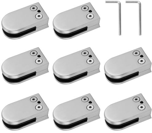 Glass Clamps, FUOBECIE 8PCS 6-8mm Stainless Steel 304 Glass Clips, Adjustable Glass Bracket Stainless Steel Flat Back Round Glass Clip Grip for Stair, Balustrade and Handrail-Arc Bottom