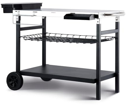 Pittazero Carrello per barbecue da esterno, tavolo da pranzo con tre ripiani, in acciaio inox, mobile per preparazione degli alimenti e tavolo da lavoro