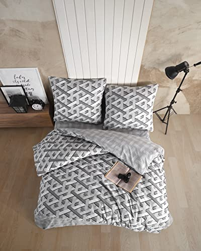 ZIRVEHOME Bettwäsche-Set 155x220 cm, 2-teilig, Baumwolle Renforcé – Geometrisches Design in Grau, inkl. Wende-Bettbezug und Kissenbezug (80x80 cm), Ottuo
