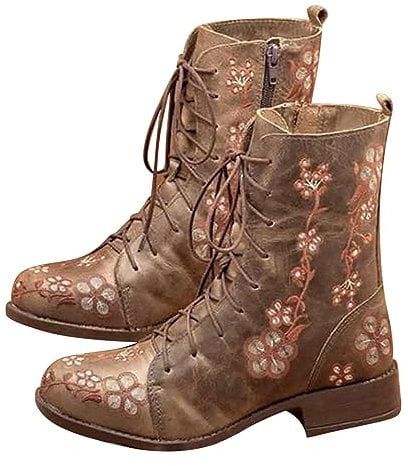 Stivaletti da donna da cowboy western, moderni ricamati in stile occidentale, alla caviglia, altezza al polpaccio, punta quadrata, stivali da cowboy con tacco quadrato, K 251 Cachi, 39.5 EU