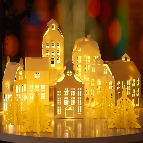 Rossesay 10 Stück 3D weiße Winterdorf Weihnachtshäuser und Bäume Laterne Papierdekoration weißes Haus Gebäude mit Licht für Zuhause Outdoor Weihnachten Dorf Dekoration