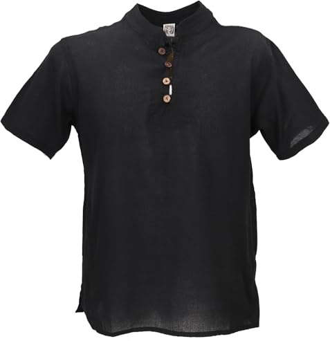 GURU SHOP Yoga Hemd, Goa Schlupfhemd, Kurzarm Männerhemd, Baumwollhemd - Schwarz, Herren, Size:XXL