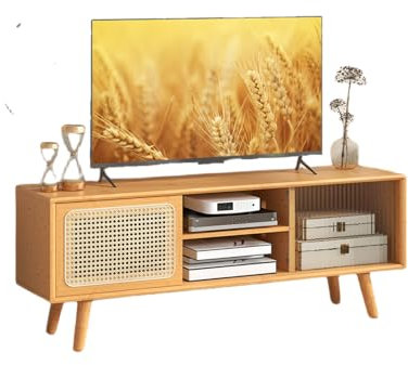 GYMAX Mobile TV in Bambù fino a 55, con Porte Scorrevoli in Rattan e Vetro Temperato, Ripiano Regolabile, Piedi in Legno di Ebanista, Stile Moderno per Soggiorno, Camera da Letto, Ingresso