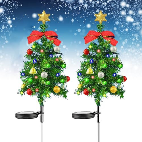 Solar Weihnachtsbaum,2 Stück Solar Weihnachtsbaum Gartenleuchten,Weihnachts Baum mit LED Lichterketten,IP65 Wasserdicht Weihnachtsbeleuchtung Außen,Gartenleuchten mit Solarpanel Mini Weihnachtsbaum