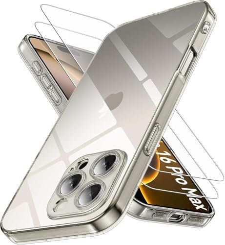 for iPhone 16 Pro Max Clear Case with 2 x Screen Protector Tempered Glass, [Ultra Slim] Scratch Resistant TPU Gel Rubber Soft Skin Silicone [Protective Case] Cover for iPhone 16 Pro Max