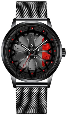JOATVEE Herren Autofelgen Nabenuhr - leuchtende Quarzuhr Hohle wasserdichte Sportuhr für Männer Geschenke Armbanduhren Edelstahl Mesh Belt Watch