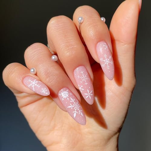 Ruzister 24 Stück Weihnachts Aufdrücknägel, mittelgroße mandelförmige künstliche Nägel, rosa Aufdrücknägel mit Schneeflocken Designs, Weihnachts-Kunstnägel für Frauen