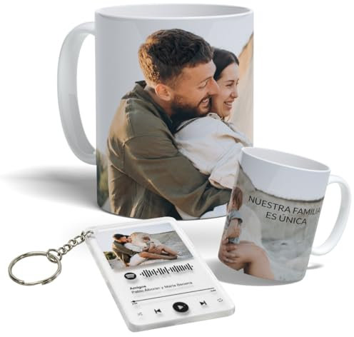 Pack Taza personalizada con foto y llavero con código Spotify. Taza de desayuno personalizada. Llavero personalizado canción. Regalos originales personalizados.