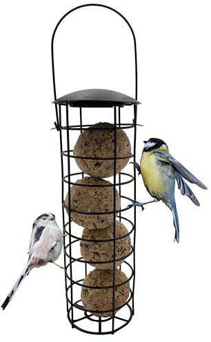 mucHome Meisenknödelhalter zum Aufhängen, Futterspender mit Dach für Wildvögel, Futtersäule für Meisenknödel, Eisen, Höhe 31 cm, schwarz