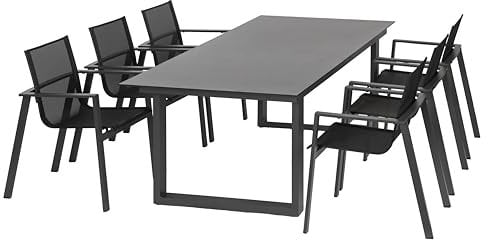 Stuhl-Tisch-Bank aus Alu | Acatex-Gewebe | Sicherheitsglas | Maße: Tisch 210x76x77 cm, Stuhl 57x58x84 cm | Farben: anthrazit, Cemento, Silbergrau, Nero