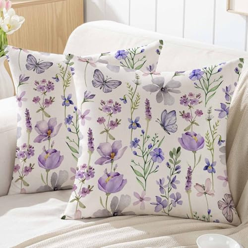 ViaElayu Federe Cuscini Divano 45x45 Primaverile Floreale Federa Cuscino da Esterno Viola Grigio Fiori Foglie Farfalle Federe per Cuscini Decorativi da Giardino Copricuscino Set di 2