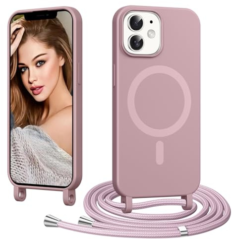 Coiwxmoi Handyband Handyhülle für iPhone 12/12 Pro Hülle mit Band, [Kompatibel mit MagSafe] Magnetisch Necklace Silikon Case mit Verstellbar Abnehmbar Kordel zum Umhängen Stoßfest Schutzhülle, Rosa
