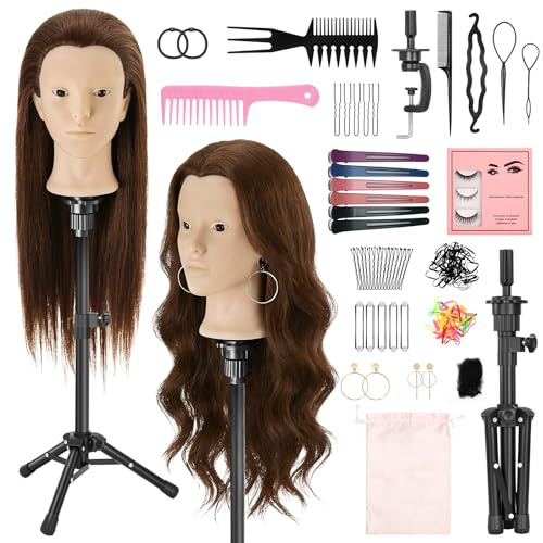 Yekavo Hair Mannequin Head with Tripod Stand 23 inch 80% Real Human Hair Hairdressing Head Training Practice Head for Hairdressing Beauty Styling Head & Makeup Function & Hair Styling Braiding Tools