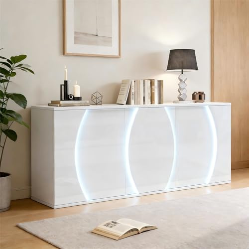 Jaxenor Hochglanz-Sideboard Wohnzimmer mit 3 Türen, Buffetschrank mit LED-Türen, Modern Wohnzimmerschrank, Aufbewahrungsschränke für Wohnzimmer, Esszimmer & Flur, Weiß