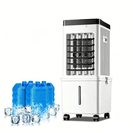Condizionatore Portatile Senza Tubo Esterno con Oscillazione a 90°, 4 impacchi di Ghiaccio, Telecomando, 3 modalità e 3 velocità, Timer da 7.5 Ore e Ruote Ideale per casa e Ufficio