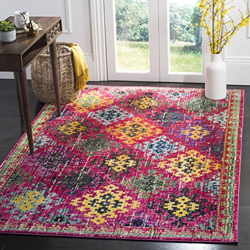 SAFAVIEH Boho Teppich für Wohnzimmer, Esszimmer, Schlafzimmer - Monaco Collection, Kurzer Flor, Fuchsia und Multi, 155 X 231 cm