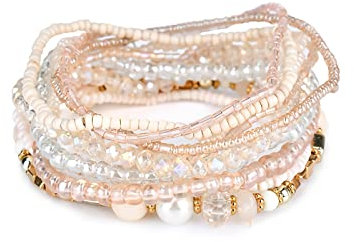 Uhat® Multi Layers Handmade Bracelet Bohemian Beaded Bracelet Colorful Strand Wrap Layered White Faux Pearl (Beige)
