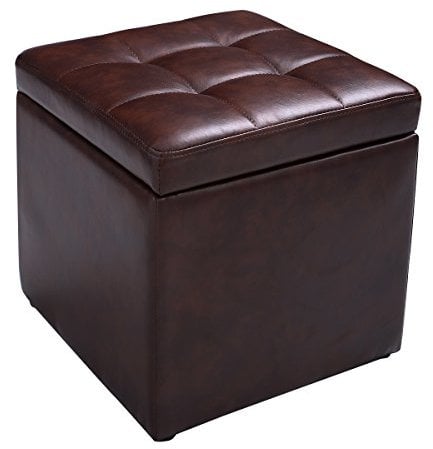 COSTWAY Faux Leather Ottoman, Pouffe Storage Toy Box with Hinge Top | Padded Foot Stool, Cube Bench Seater for Living Room, Bedroom & Office, 150Kg Capacity (Brown)