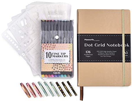Tagebuch-Set – A5 gepunkteter Bullet Planer Notizbuch mit nummerierten Seiten, dickes Papier 120 g/m² + 10 Fineliner + 20 Schablonen + 9 Washi-Tapes – Gold