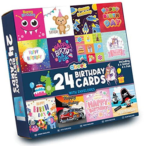 abeec Kindergeburtstagskarten Multipack – 24 Geburtstagskarten enthält: 12 x Geburtstagskarten für Ihn und 12 x Geburtstagskarten für Sie – Packung mit Geburtstagskarten mit Happy Birthday-Aufklebern
