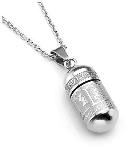 PiercingJak Collier Balle Pendentif Bouddhiste Mantra Prière Urne Cendres Funéraire Bouteille Tube Recipient Ouvrir Militaire Acier Inoxydable Homme Femme (Argent)