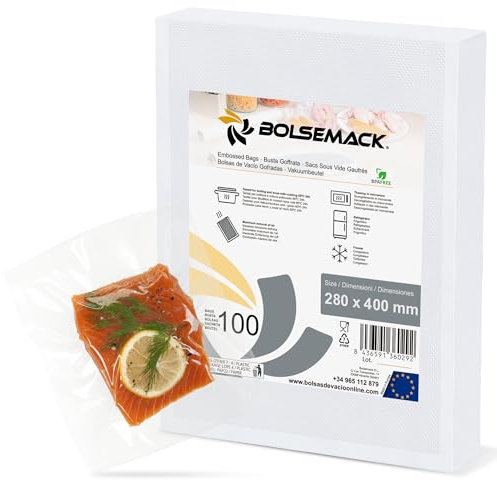 BOLSEMACK Vakuumierbeutel 28x40cm - Vakuumverpackte geprägte Tasche 280x400 mm. 100 Stück für alle Arten von Haushaltsverpackungen, Foodsaver, Lacor, Caso, Tre Spade, etc.…