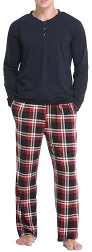 Vlazom Ensemble Pyjama Homme Hiver Col Rond - Haut à Manches Longues et Pantalon à Carreaux