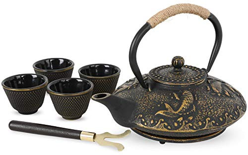 Ufine Koi-Fisch-Teekannen-Set, Gusseisen, Teekessel mit 4 Tassen, japanischer Stil, Tetsubin-Tee-Geschenkset, 750 ml, mit Edelstahl-Teesieb