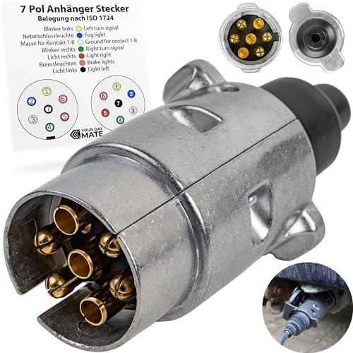 7 poliger Anhänger Stecker, 1 Pack, Alu-Guss-Gehäuse, 7pin Stecker nach ISO 1724 genormt, 7 Pin Hänger Adapter für 12 V Systeme, Zugentlastung, 7 pol Anhängerstecker für 7pol Steckdose, 13-7 Adapter