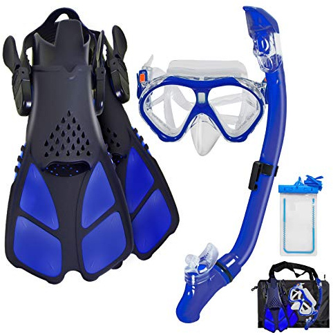 Aisrida Kids Snorkeling Set Children Mask Fin Snorkel Set Snorkeling Gear Snorkel Mask + Adjustable Swimming Kids Flippers+ Dry Snorkel Tube + Travel Bags (Blue)