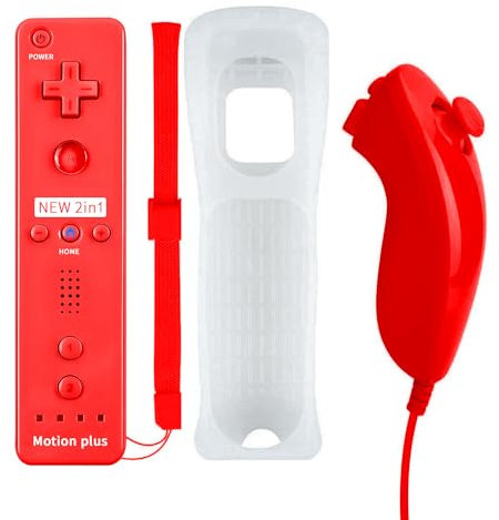 QUMOX Telecomando Wii, 2 in 1 Motion Plus Integrato Remote di Gioco Controller con Custodia in Silicone e Cinturino da Polso per N. Wii e Wii U Rosso