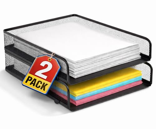 1InTheOffice Desk Trays Stackable Letter Tray, Matte Black Wire Mesh Front-Load Paper Tray Organizer, (2 Pack)