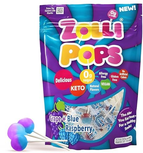 Zollipops Duo Pops Blaue Himbeer-Traube, zuckerfrei, allergiefrei, vegan, ketogene Ernährung und Diabetiker, Natürliche Süßigkeiten zur Zahnreinigung