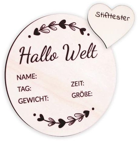Holzura Hallo Welt Schild, Geburtsanzeige, Baby Namensschild, Neugeborenen Holz Schild, Geschenk für Mädchen und Jungen, Deko Kinderzimmer Andenken als Meilensteine