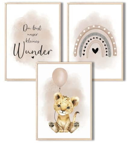 MeinBaby123® I Bilder Kinderzimmer | 3er Set DIN A4 Poster Set | Wandbilder | Kinderzimmer Poster | Deko Bilder Kinderzimmer Mädchen und Jungen | Wandposter Premium (Löwe & Luftballon beige)