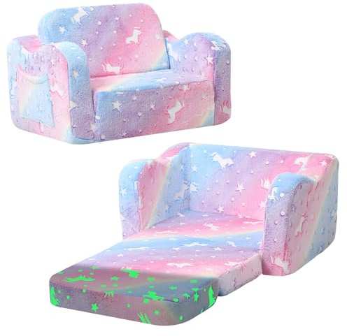 MeMoreCool Glowing Rainbow Unicorn Kids Chair - Convertible 2-in-1 Fold-Out Kids Couch for Girls, Glow-in-the-Dark Plush Sofa with Washable Cover, Soft Foam Lounge Seat for Playroom and Reading
