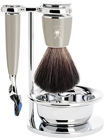 MÜHLE Rytmo Rasierset - für Gillette-Klingen, Black Fibre Pinsel, Halterung mit Schale - Edelharz Griff, melange - vegan