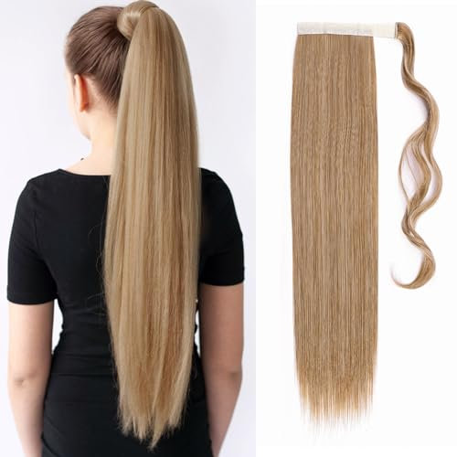TESS Ponytail Extension Blond 60 cm, Helles Aschbraun gemischt mit Bleichblond Glatt Zopf Extension Pferdeschwanz Haarteil 90g Lange Haarverlängerung Zopf