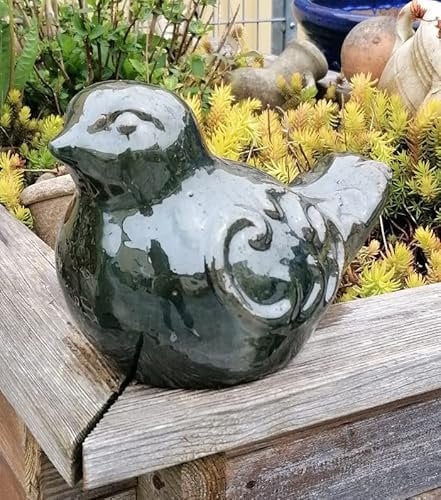 Generisch B-Ware ! Vogel dunkelgrün glasiert aus frostfesten Steinzeug ca. 24 cm lang Figur Tier Spatz Taube Deko Garten