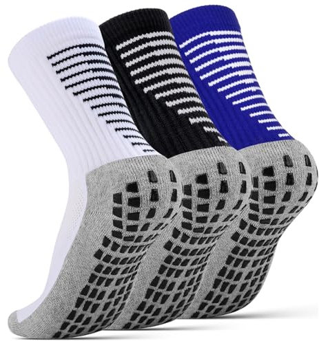 NEWIROVE 3 Paare Fußballsocken Kinder Grip Socken Fussball Antirutsch Socken Sportsocken Kinder Trainingssocken Fußballstutzen für 9-12 Jahre Jungen und Mädchen Basketball Laufen,Weiß+Schwarz+Blau M
