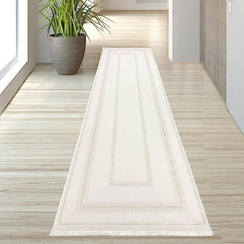 Teppich-Traum Teppich Korridor Elegant Klassischer Fransen Vorleger Schrank Edle Bordüre- Creme Gold, 80 x 300 cm