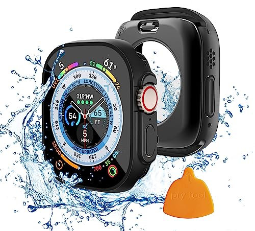 Yolovie Custodia impermeabile 2 in 1, compatibile con Apple Watch Ultra/Ultra 2, 49 mm, accessori per iWatch in vetro temperato, copertura per il viso e paraurti posteriore, 49 mm, colore nero