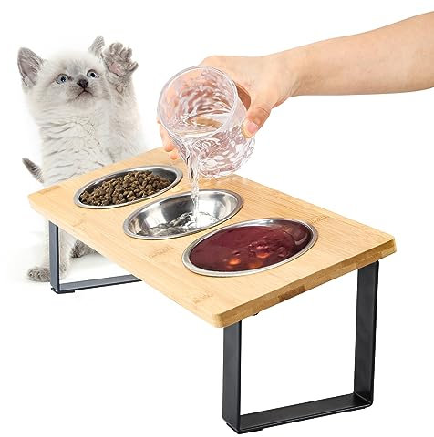 SZSFSYYX Elevated Cat Bowls, Raised Cat Food Bowls, 15°Tilted Stainless Steel Cat Bowls for Indoor Cats, Anti Vomit, Bamboo, Stand with 3 Feeder Bowls for Cats and Puppy