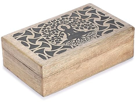 Ajuny Handgefertigte dekorative Schmuck Aufbewahrungsbox aus Holz Buddha Baum Design Vintage Stil Mehrzweck Schatztruhe Andenken Schmuckhalter Uhrenbox Tolle Geschenke 8x5 Zoll