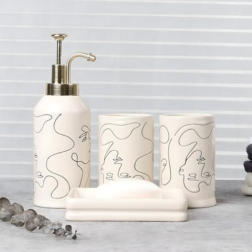 Santentre 4 pièces Céramique Visage de Ligne Artistique Ensembles d'accessoires de Salle de Bain avec Distributeur de Savon, Support de Brosse à Dents, Verre, Porte-Savon, Blanc cassé
