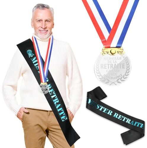 DPKOW Accessoires Cadeau de Retraite pour Homme, Mister Retraite Écharpe Retraite Médaille pour Homme Kits de Déguisement Fête de Retraite Gadget pour Homme