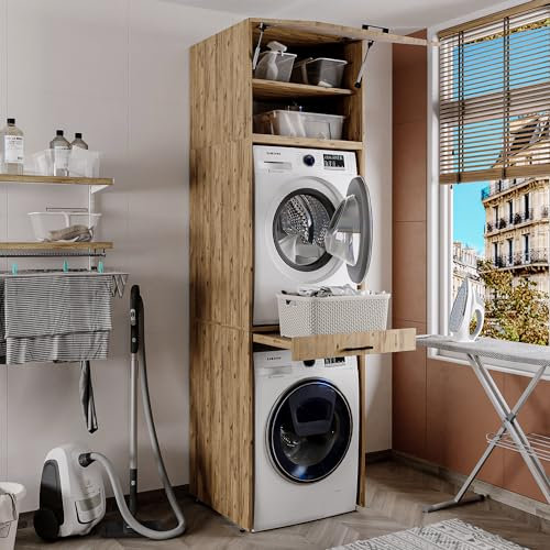 ROOMART • Waschmaschinenschrank für Trockner & Waschmaschine • mit Ausziehbrett • Weiß • Schwarz Eiche • Überbauschrank (Eiche, Mit 57 cm Klappschrank)